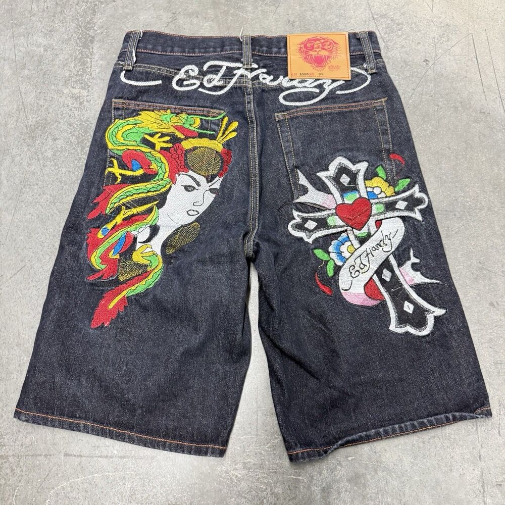 ED HARDY Jean Shorts Men’s 32 Face & Cross Embroidered Y2K Baggy Wide Leg READ